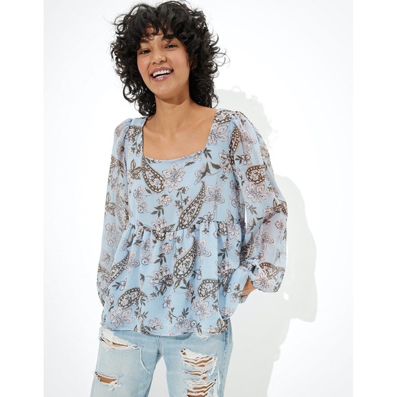 American Eagle Outfitters Tops - American Eagle Light Blue Paisley Floral Babydoll Tie Back Blouse Top Small